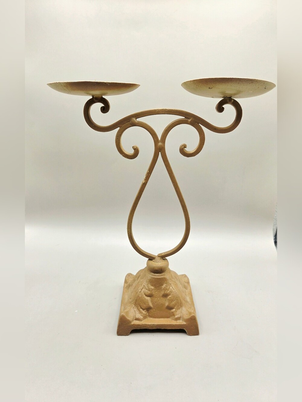 Vintage Double-Arm Metal Candle Holder in Matte Tan